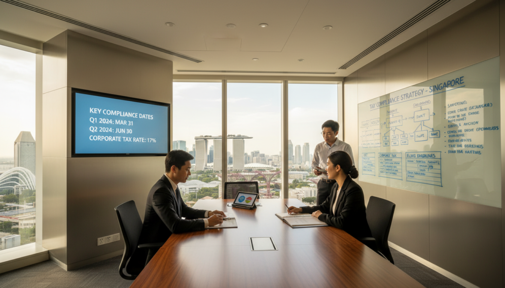 A modern corporate office space filled with natural light, showcasing a clean and professional atmosphere. In the foreground, a diverse group of three individuals in business attire—two sitting at a sleek conference table reviewing documents and one standing beside a whiteboard filled with tax compliance charts. The middle ground features a large window view of Singapore’s skyline with iconic buildings, while a digital display board in the background presents key deadlines and corporate tax rates subtly. The lighting is bright and warm, creating a productive mood, with a camera angle that slightly tilts upwards to convey ambition and growth. The overall ambiance reflects professionalism and focus on corporate tax compliance, emphasizing a positive atmosphere for startups in Singapore. A modern corporate office space filled with natural light, showcasing a clean and professional atmosphere. In the foreground, a diverse group of three individuals in business attire—two sitting at a sleek conference table reviewing documents and one standing beside a whiteboard filled with tax compliance charts. The middle ground features a large window view of Singapore’s skyline with iconic buildings, while a digital display board in the background presents key deadlines and corporate tax rates subtly. The lighting is bright and warm, creating a productive mood, with a camera angle that slightly tilts upwards to convey ambition and growth. The overall ambiance reflects professionalism and focus on corporate tax compliance, emphasizing a positive atmosphere for startups in Singapore.
