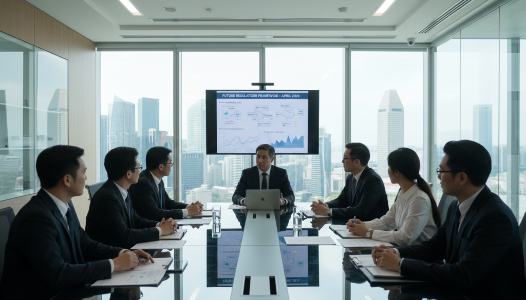 A modern corporate regulatory authority office in Singapore, showcasing a sleek, glass-walled conference room filled with diverse professionals in business attire engaged in discussion. In the foreground, a glass table with documents, laptops, and a digital display of regulatory charts. The middle ground features a diverse group of individuals from different ethnic backgrounds, intently focusing on a presentation projected on the wall, symbolizing collaboration. The background reveals a view of Singapore’s skyline with iconic architecture under bright natural light. The overall mood is one of professionalism, innovation, and forward-thinking, representing the evolving corporate landscape and compliance environment leading up to April 2026. The scene captures a sense of urgency and readiness for future regulations. Photorealistic quality, emphasizing sharp details and vibrant colors. A modern corporate regulatory authority office in Singapore, showcasing a sleek, glass-walled conference room filled with diverse professionals in business attire engaged in discussion. In the foreground, a glass table with documents, laptops, and a digital display of regulatory charts. The middle ground features a diverse group of individuals from different ethnic backgrounds, intently focusing on a presentation projected on the wall, symbolizing collaboration. The background reveals a view of Singapore’s skyline with iconic architecture under bright natural light. The overall mood is one of professionalism, innovation, and forward-thinking, representing the evolving corporate landscape and compliance environment leading up to April 2026. The scene captures a sense of urgency and readiness for future regulations. Photorealistic quality, emphasizing sharp details and vibrant colors.