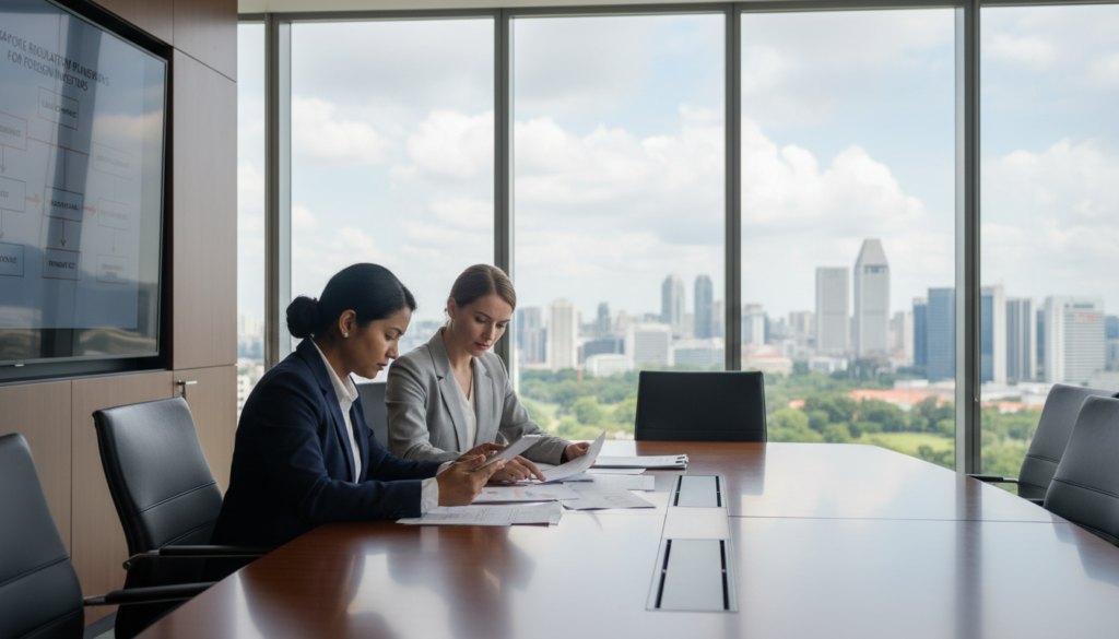 A modern corporate regulatory office environment, featuring a diverse group of professional individuals in business attire engaged in a serious discussion. In the foreground, a South Asian woman holding a tablet is analyzing data, while an East Asian man and a Caucasian woman are examining documents on a sleek conference table. The middle ground showcases a large wall with legal compliance charts and regulatory frameworks prominently displayed. Natural light filters in through large glass windows, creating a bright and open atmosphere. In the background, the city's skyline of Singapore can be seen, symbolizing the vibrant business ecosystem. The overall mood is focused and professional, highlighting the importance of regulatory compliance for foreign entrepreneurs. Photorealistic details, clear focus, and a slight depth of field enhance the scene.