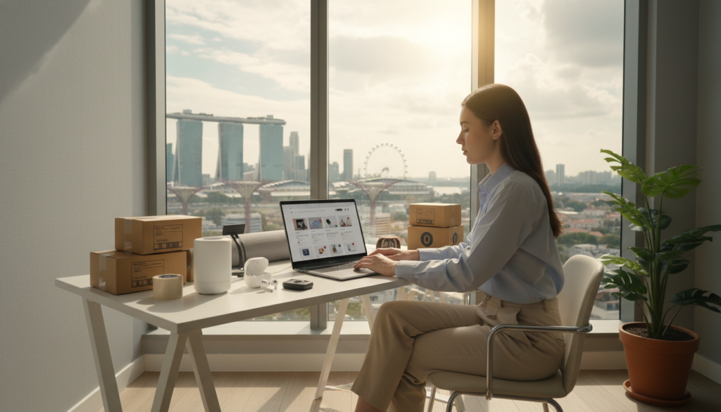 A modern home office setup showing a young professional in smart casual attire, sitting at a sleek desk with a laptop open to an online store interface. In the foreground, there are items related to dropshipping, like product samples and shipping materials. The middle ground features a large window with natural light streaming in, illuminating the workspace, while a potted plant adds a touch of greenery. In the background, a cityscape of Singapore is visible, showcasing iconic buildings to emphasize the location. The atmosphere is productive and inspiring, suggesting efficiency and creativity. The image is captured in a photorealistic style with soft, warm lighting and a slight depth of field to focus on the subject.