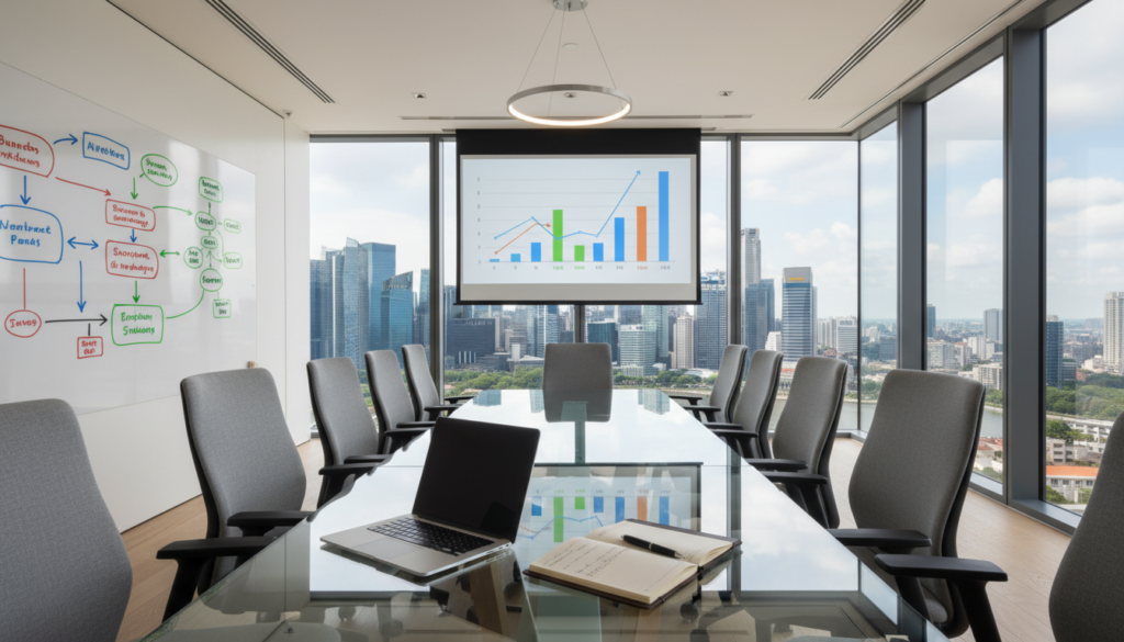 A modern meeting room designed for a virtual office setup, featuring a sleek glass table at the center surrounded by ergonomic chairs. In the foreground, a laptop and notepad lie open, indicating an active discussion, while a projector displays graphs on the wall behind. In the middle, a stylish whiteboard filled with colorful diagrams illustrates growth strategies. The background showcases large windows allowing natural light to flood in, revealing a view of Singapore’s skyline. The lighting is bright yet soft, creating a professional vibe. The atmosphere is dynamic and collaborative, capturing the essence of flexibility for businesses on the rise. Photorealistic style, wide-angle perspective to encompass the entire space. A modern meeting room designed for a virtual office setup, featuring a sleek glass table at the center surrounded by ergonomic chairs. In the foreground, a laptop and notepad lie open, indicating an active discussion, while a projector displays graphs on the wall behind. In the middle, a stylish whiteboard filled with colorful diagrams illustrates growth strategies. The background showcases large windows allowing natural light to flood in, revealing a view of Singapore’s skyline. The lighting is bright yet soft, creating a professional vibe. The atmosphere is dynamic and collaborative, capturing the essence of flexibility for businesses on the rise. Photorealistic style, wide-angle perspective to encompass the entire space.