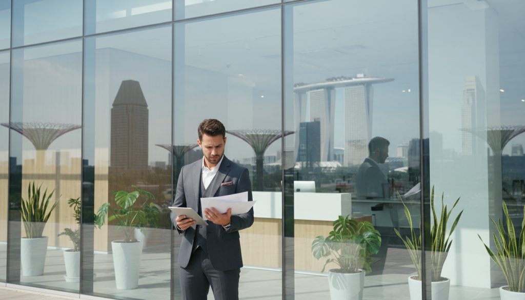 A modern office address scene featuring a sleek, professional office exterior with large glass windows reflecting the surrounding urban skyline of Singapore. In the foreground, a well-dressed businessperson stands confidently, holding a tablet and reviewing their documentation for a virtual office setup. The person is dressed in a tailored suit, exuding professionalism. In the middle ground, a contemporary reception area with minimalist design elements and greenery enhances the atmosphere. Soft, natural light illuminates the space, creating a welcoming yet professional mood. The background showcases iconic Singaporean architecture and a clear blue sky, emphasizing a vibrant, efficient work environment. The composition highlights the importance of securing documentation in a virtual office context.
