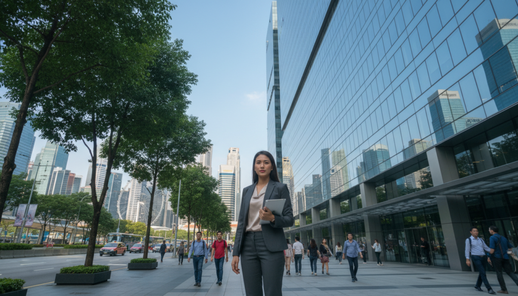 A modern office building in Singapore's Central Business District, showcasing sleek glass architecture with reflections of the skyline. In the foreground, a professional businesswoman in a tailored suit is standing confidently, holding a tablet, embodying a successful entrepreneur. The middle ground features bustling city life with pedestrians walking and lush green trees lining the streets, emphasizing a vibrant business atmosphere. In the background, iconic skyscrapers and the Singapore Flyer can be seen under a clear blue sky with soft, diffused sunlight illuminating the scene. The overall mood is dynamic and professional, capturing the essence of a prestigious business address. The image is a photorealistic representation, shot from a low angle to accentuate the towering buildings and create an inspiring perspective. A modern office building in Singapore's Central Business District, showcasing sleek glass architecture with reflections of the skyline. In the foreground, a professional businesswoman in a tailored suit is standing confidently, holding a tablet, embodying a successful entrepreneur. The middle ground features bustling city life with pedestrians walking and lush green trees lining the streets, emphasizing a vibrant business atmosphere. In the background, iconic skyscrapers and the Singapore Flyer can be seen under a clear blue sky with soft, diffused sunlight illuminating the scene. The overall mood is dynamic and professional, capturing the essence of a prestigious business address. The image is a photorealistic representation, shot from a low angle to accentuate the towering buildings and create an inspiring perspective.