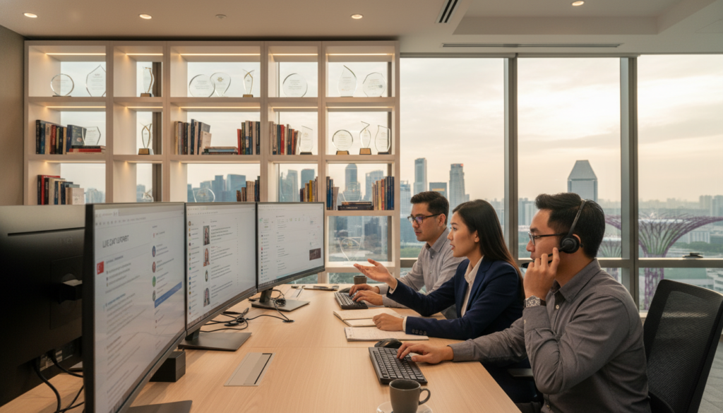 A modern office environment depicting a remote customer support scene for a Singapore business. In the foreground, a diverse team of three professionals, including a woman in a smart business suit and two men in casual yet professional attire, are collaborating at a sleek desk with multiple screens displaying customer queries. The atmosphere is dynamic and focused, illuminated by soft, warm lighting creating a welcoming vibe. In the middle ground, shelves with books and awards represent a successful business culture, while a large window reveals a view of Singapore’s skyline, adding to the contemporary setting. The image is framed from a slightly elevated angle, highlighting teamwork and efficiency in remote customer support. The overall mood is professional and collaborative, suggesting innovation in customer services.