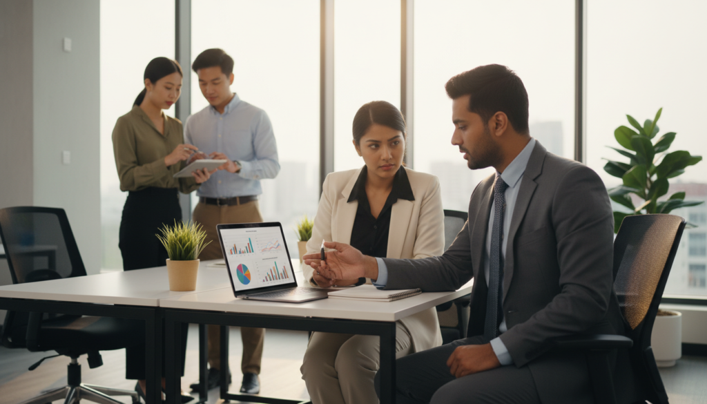 A modern office environment featuring a diverse group of professionals discussing business structures. In the foreground, a South Asian man in a smart suit is pointing at a laptop screen displaying business charts. Beside him, a South Asian woman in a stylish blazer is taking notes on a notepad. In the middle background, an Asian woman in business casual attire is consulting with a male colleague, both looking engaged and focused. The office is bright, filled with natural light pouring in through large windows, and contemporary furniture enhances the professional atmosphere. The camera angle is slightly elevated, capturing the dynamic workspace. Overall, the mood is collaborative and professional, emphasizing clarity and determination in business decision-making.