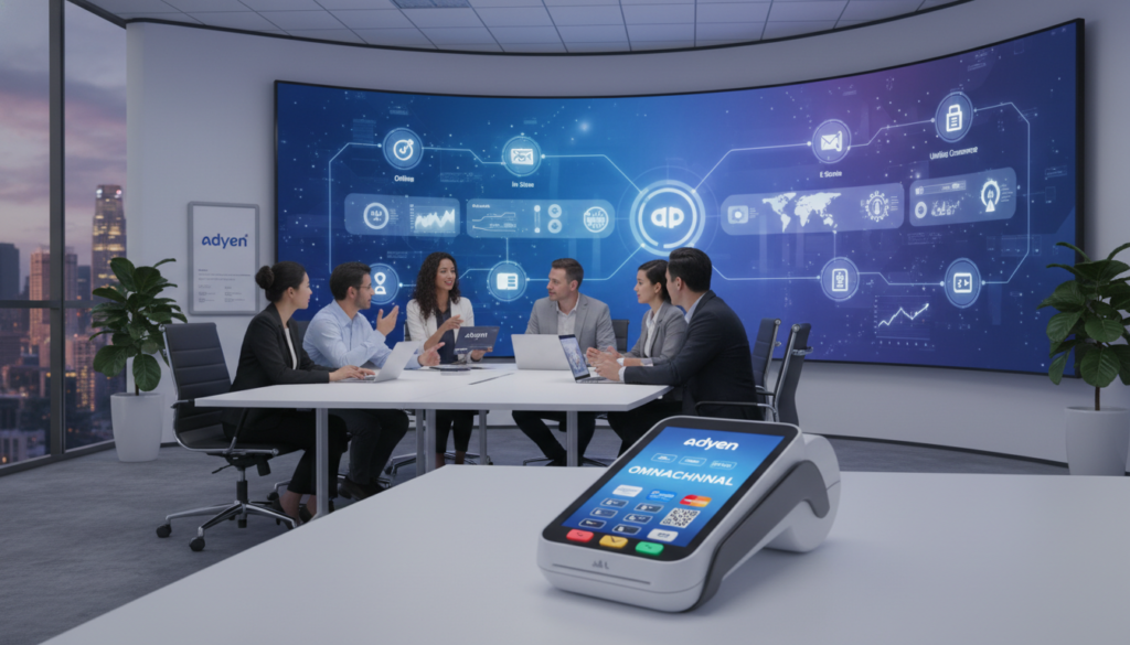 A modern office environment illustrating Adyen omnichannel payments, featuring a sleek, high-tech payment terminal in the foreground with clear, vivid detail. In the middle, a diverse team of professionals in business attire discuss payment solutions, using tablets and laptops that show graphs and digital analytics. The background displays a large digital screen highlighting various payment options and platforms, with a soft glow emphasizing innovation. The lighting is bright and inviting, creating an atmosphere of collaboration and efficiency. The camera angle is slightly angled downward to focus on the team's engagement, capturing the essence of enterprise-grade solutions in a bustling Singaporean business context. The overall mood conveys professionalism and forward-thinking technology in digital payments.