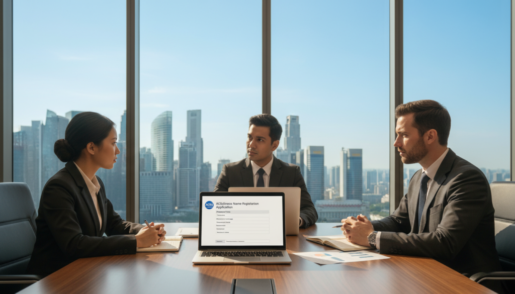 A modern office environment in Singapore, depicting a professional meeting setting. In the foreground, a diverse group of three business people, dressed in professional business attire, are engaged in discussion about company name regulations. Their expressions convey focus and determination. The middle layer includes a sleek conference table with laptops, documents, and a laptop displaying a business name registration application. In the background, a large window reveals a skyline view of Singapore, with high-rise buildings and clear blue skies. Soft, natural lighting illuminates the room, casting gentle shadows. The atmosphere is serious yet inspiring, emphasizing the importance of understanding restricted company names and ACRA in Singapore.