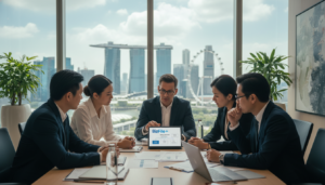 A modern office environment in Singapore, showcasing a professional and collaborative atmosphere. In the foreground, a diverse team of business professionals in smart attire (suits and blouses) actively discussing incorporation documents on a sleek conference table. One person is pointing at a digital tablet displaying the BizFile+ logo, symbolizing the registration process. The middle ground features bright, natural light streaming through large windows, highlighting a backdrop of iconic Singapore architecture, including the Marina Bay Sands. In the background, potted plants and contemporary artwork add a touch of sophistication. The image conveys a mood of efficiency and seriousness, reflecting the importance of integrating KYC into business incorporation. Soft focus on the background to emphasize the foreground action.