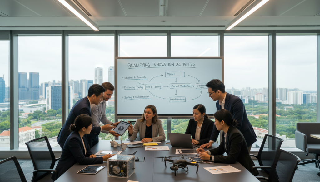 A modern office environment showcasing a diverse team of professionals engaged in a brainstorming session. In the foreground, focus on a diverse group of individuals, wearing smart casual attire, collaborating over a table filled with various innovation prototypes, charts, and digital devices. The middle ground features a large whiteboard with diagrams illustrating 'qualifying innovation activities' in a clear and organized manner. In the background, large windows let in natural light, revealing a view of Singapore's skyline, filled with lush greenery. The atmosphere is energetic and focused, with warm lighting creating an inspiring setting. The image conveys a spirit of teamwork and innovation, emphasizing a fruitful exchange of ideas. Photorealistic rendering, with attention to detail and clarity.
