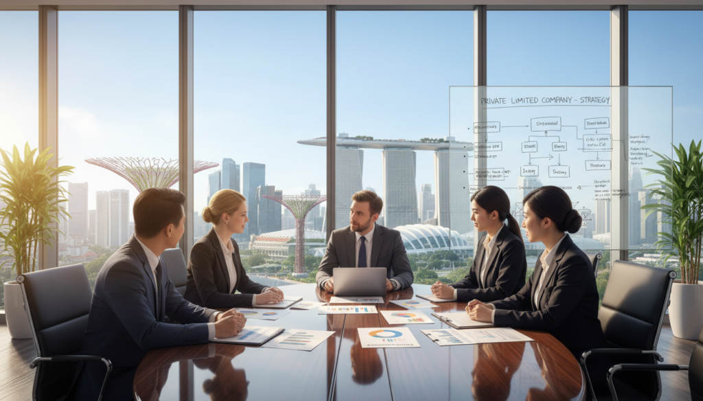 A modern office environment showcasing a "private limited company" concept. In the foreground, there is a diverse group of professionals in smart business attire, engaged in discussion around a sleek conference table with charts and documents spread out. The middle layer features a large glass window revealing a panoramic view of Singapore’s skyline, highlighting iconic skyscrapers. Soft, natural light filters through, casting gentle shadows and creating an inviting atmosphere. The background includes a whiteboard with strategic plans outlined, and potted plants adding a touch of greenery. The overall mood is professional, focused, and collaborative, emphasizing the importance of choosing the right business structure in a vibrant, cosmopolitan setting.