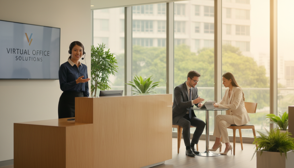 A modern office environment showcasing a professional presence, foreground featuring a polished reception desk staffed by a smiling receptionist in business attire, engaged in a conversation on a headset. In the middle ground, a well-dressed client discussing with a business consultant, both appearing focused and engaged. The background reveals elegant glass walls with subtle greenery, suggesting a sophisticated urban setting in Singapore. Soft, warm lighting illuminates the scene, creating an inviting atmosphere. The camera angle is slightly elevated, capturing the dynamics of the space and the interaction of the individuals, emphasizing competence and professionalism in a virtual office context. A modern office environment showcasing a professional presence, foreground featuring a polished reception desk staffed by a smiling receptionist in business attire, engaged in a conversation on a headset. In the middle ground, a well-dressed client discussing with a business consultant, both appearing focused and engaged. The background reveals elegant glass walls with subtle greenery, suggesting a sophisticated urban setting in Singapore. Soft, warm lighting illuminates the scene, creating an inviting atmosphere. The camera angle is slightly elevated, capturing the dynamics of the space and the interaction of the individuals, emphasizing competence and professionalism in a virtual office context.