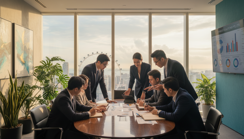 A modern office environment showcasing a vibrant and professional workspace symbolizing a private limited company. In the foreground, a diverse group of business professionals in smart attire, engaged in a meeting around a sleek conference table, examining documents and discussing strategies. The middle layer features a large window with natural light flooding the room, providing a view of Singapore's skyline with iconic structures. The background includes modern office decor—potted plants, contemporary art on the walls, and a digital screen displaying business analytics. The atmosphere feels dynamic and energetic, embodying innovation and collaboration. Use soft, warm lighting to enhance a welcoming mood, while capturing the essence of entrepreneurship in Singapore. Photorealistic details are paramount, focus on clarity and vibrancy.