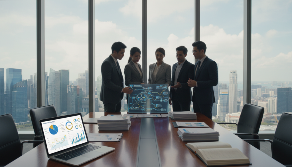A modern office environment showcasing a visual representation of business structure and capital. In the foreground, a polished conference table with financial documents and a laptop displaying graphs and charts, symbolizing paid-up capital. In the middle, a diverse group of professional individuals in business attire, engaged in discussion, analyzing the structure of a business model on a digital tablet. The background features a large window with a panoramic view of Singapore's skyline, filled with skyscrapers. Soft, natural lighting floods the room, creating a bright and focused atmosphere. The angle is slightly elevated, providing a clear overview of the scene, emphasizing collaboration and strategic planning in a corporate setting.