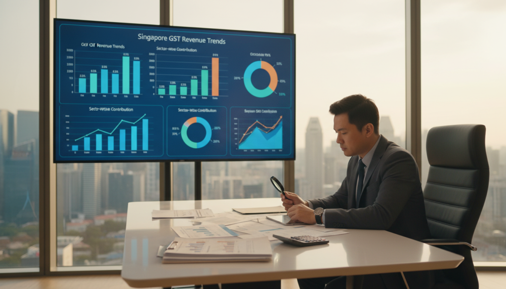 A modern office environment showcasing the concept of Goods and Services Tax (GST) in Singapore. In the foreground, a professional consultant in business attire is analyzing financial documents on a sleek desk, emphasizing attention to detail. The middle ground features a large digital screen displaying GST statistics and charts, with vibrant colors illustrating tax trends. The background is adorned with Singapore's iconic skyline, subtly illuminated by natural light coming through large windows, creating a warm and inviting atmosphere. The overall mood evokes professionalism and clarity, ideal for conveying the essence of consulting costs associated with GST in Singapore. The scene is captured in a photorealistic style, with a shallow depth of field to draw focus on the consultant's thoughtful expression and the important data being analyzed. A modern office environment showcasing the concept of Goods and Services Tax (GST) in Singapore. In the foreground, a professional consultant in business attire is analyzing financial documents on a sleek desk, emphasizing attention to detail. The middle ground features a large digital screen displaying GST statistics and charts, with vibrant colors illustrating tax trends. The background is adorned with Singapore's iconic skyline, subtly illuminated by natural light coming through large windows, creating a warm and inviting atmosphere. The overall mood evokes professionalism and clarity, ideal for conveying the essence of consulting costs associated with GST in Singapore. The scene is captured in a photorealistic style, with a shallow depth of field to draw focus on the consultant's thoughtful expression and the important data being analyzed.