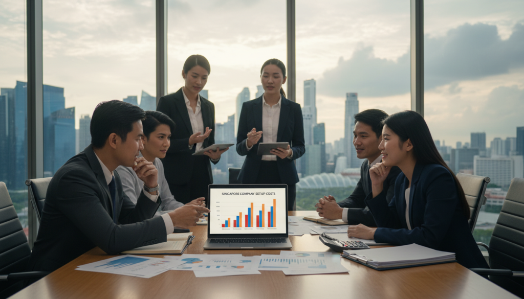 A modern office environment with a diverse group of professionals engaged in a discussion around a large table covered with documents, laptops, and a calculator. In the foreground, two figures—one male and one female, both in professional business attire—point at a detailed financial chart on a laptop screen, illustrating different setup costs for a company in Singapore. In the middle ground, a large window reveals the bustling Singapore skyline, adding a sense of location. The background features soft lighting with a warm atmosphere, giving a sense of collaboration and strategy. The image should have a photorealistic quality, with a focus on expression and engagement among the team, capturing the meticulous nature of company registration.
