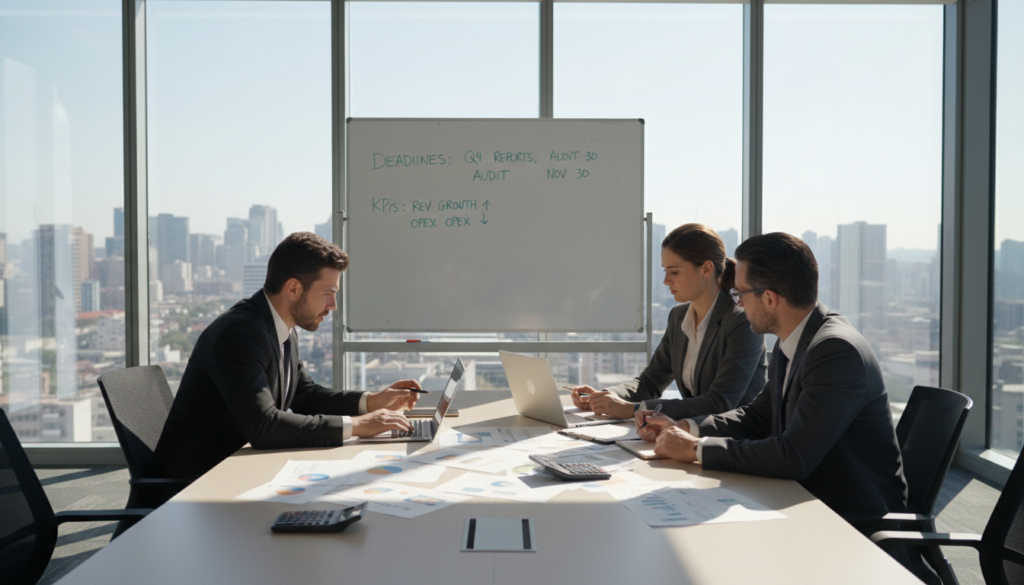 A modern office environment with a large conference table in the foreground, cluttered with financial documents, laptops, and calculators, highlighting the theme of financial year-end planning. A diverse group of three professionals in smart business attire—two men and one woman—collaborate over the documents, analyzing charts and financial data on a laptop screen. In the middle, a whiteboard displays handwritten notes about deadlines and key performance indicators. The background features floor-to-ceiling windows showcasing a city skyline, with natural light streaming in, creating a bright and focused atmosphere. The angle is slightly above eye level, providing a comprehensive view of the workspace and illustrating a sense of urgency and collaboration as they prepare for year-end obligations. The overall mood is dynamic and purposeful.