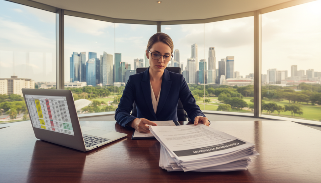 A modern office environment with a polished wooden desk at the foreground featuring a stack of official documents labeled "Company Constitution" and a sleek laptop open, displaying a spreadsheet. In the middle, a professional-looking businesswoman dressed in a smart blazer and glasses reviews the documents, showing a focused expression. A soft, warm light filters through large panoramic windows in the background, revealing a city skyline of Singapore with skyscrapers and greenery. The atmosphere is one of professionalism and meticulous attention to detail, emphasizing a sense of trust and reliability in the process of company incorporation. The image is photorealistic, capturing intricate textures and realistic lighting dynamics. A modern office environment with a polished wooden desk at the foreground featuring a stack of official documents labeled "Company Constitution" and a sleek laptop open, displaying a spreadsheet. In the middle, a professional-looking businesswoman dressed in a smart blazer and glasses reviews the documents, showing a focused expression. A soft, warm light filters through large panoramic windows in the background, revealing a city skyline of Singapore with skyscrapers and greenery. The atmosphere is one of professionalism and meticulous attention to detail, emphasizing a sense of trust and reliability in the process of company incorporation. The image is photorealistic, capturing intricate textures and realistic lighting dynamics.