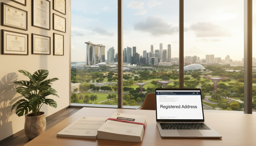 A modern office interior in Singapore, showcasing a sleek desk with a laptop, a stack of official documents labeled "Registered Address," and a decorative indoor plant in the foreground. In the middle, there is a large window revealing a panoramic view of Singapore's iconic skyline with towering skyscrapers and lush greenery. The background features a wall with certificates and diplomas, emphasizing professionalism. The lighting is bright and natural, coming in from the window, creating a warm and inviting atmosphere. The scene captures a sense of urgency and professionalism, conveying the importance of establishing a registered office address in Singapore. The image is photorealistic, focusing on detail, texture, and depth, without any text or watermarks. A modern office interior in Singapore, showcasing a sleek desk with a laptop, a stack of official documents labeled "Registered Address," and a decorative indoor plant in the foreground. In the middle, there is a large window revealing a panoramic view of Singapore's iconic skyline with towering skyscrapers and lush greenery. The background features a wall with certificates and diplomas, emphasizing professionalism. The lighting is bright and natural, coming in from the window, creating a warm and inviting atmosphere. The scene captures a sense of urgency and professionalism, conveying the importance of establishing a registered office address in Singapore. The image is photorealistic, focusing on detail, texture, and depth, without any text or watermarks.