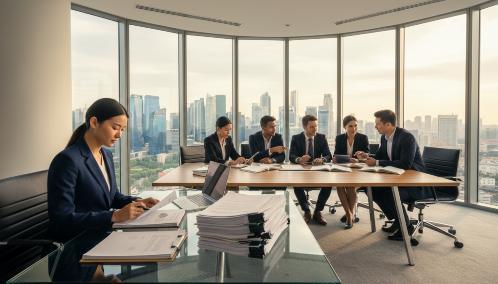 A modern office scene depicting corporate secretarial support. In the foreground, a professional woman in a business suit reviews documents on a sleek desk, surrounded by organized stacks of papers and a laptop displaying graphs. In the middle ground, a diverse team of professionals, dressed in business attire, collaborates over a conference table covered with compliance checklists and legal books. The background features a floor-to-ceiling window revealing a cityscape of Singapore’s skyline, bathed in warm, natural light. The atmosphere is focused and productive, emphasizing a sense of professionalism and teamwork in a corporate environment. The angle captures a balanced view of the workspace and the engaged team, conveying an efficient office dynamic. Photorealistic quality. A modern office scene depicting corporate secretarial support. In the foreground, a professional woman in a business suit reviews documents on a sleek desk, surrounded by organized stacks of papers and a laptop displaying graphs. In the middle ground, a diverse team of professionals, dressed in business attire, collaborates over a conference table covered with compliance checklists and legal books. The background features a floor-to-ceiling window revealing a cityscape of Singapore’s skyline, bathed in warm, natural light. The atmosphere is focused and productive, emphasizing a sense of professionalism and teamwork in a corporate environment. The angle captures a balanced view of the workspace and the engaged team, conveying an efficient office dynamic. Photorealistic quality.