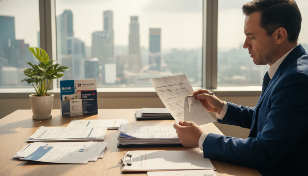 A modern office setting conveying a professional atmosphere, featuring a sleek wooden desk cluttered with essential documents such as forms, ID requirements, and bank brochures. In the foreground, a businessman dressed in professional attire examines a checklist of account opening requirements. The middle ground showcases a large window with sunlight pouring in, illuminating the workspace, with a small indoor plant adding a touch of verdancy. In the background, a subtle view of a lively Singapore skyline can be seen through the glass, hinting at the city's economic vibrancy. The lighting is warm and natural, evoking a sense of clarity and focus, capturing the essence of account opening processes in Singapore. Photorealistic style, shot from a slightly elevated angle to encompass both the desk and the panoramic view outside.