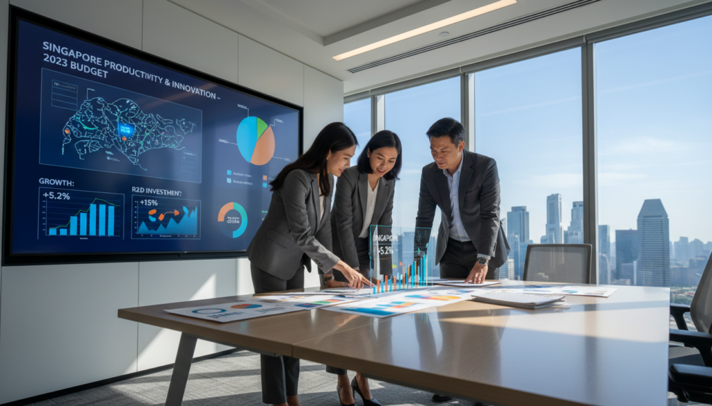 A modern office setting emphasizing a professional atmosphere centered around the theme of the 2023 budget. In the foreground, a diverse group of three business professionals—two women in professional attire and one man in a tailored suit—analyze colorful graphs and reports on a sleek, glass conference table. In the middle, a large digital screen displays dynamic infographics related to productivity and innovation in Singapore, with bright colors highlighting key statistics. The background features a panoramic window showcasing the Singapore skyline, with a bright, clear sky illuminating the scene. The lighting is bright and focused, creating an optimistic and forward-looking mood. The perspective is slightly low-angle, emphasizing the professionals' engagement and the importance of the discussion. The overall atmosphere conveys a sense of urgency and innovation, suitable for a modern business landscape.