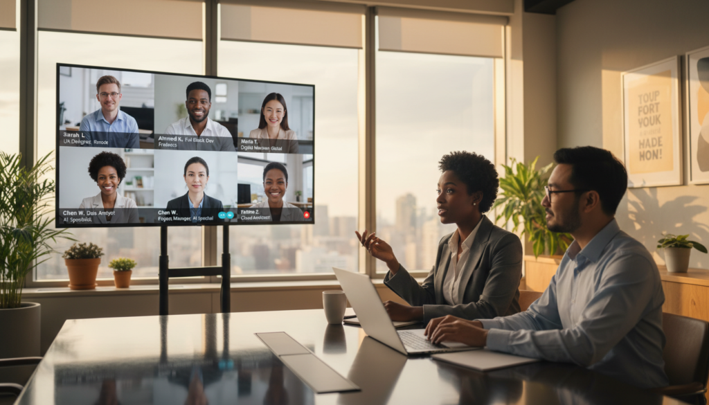 A modern office setting featuring a group of diverse professionals engaged in a video conference call. In the foreground, a businesswoman in professional attire is actively discussing hiring strategies, while a businessman takes notes on a laptop. In the middle ground, a large digital screen displays profiles of potential remote employees, showcasing various backgrounds and skills. The background reveals a contemporary workspace with plants, large windows letting in natural light, and motivational artwork on the walls. The atmosphere is collaborative, emphasizing the concept of remote staffing and specialized support. Use warm lighting to create an inviting mood, and employ a slightly elevated angle to capture the interaction and dynamic environment effectively. The image should be photorealistic and focused on professionalism.
