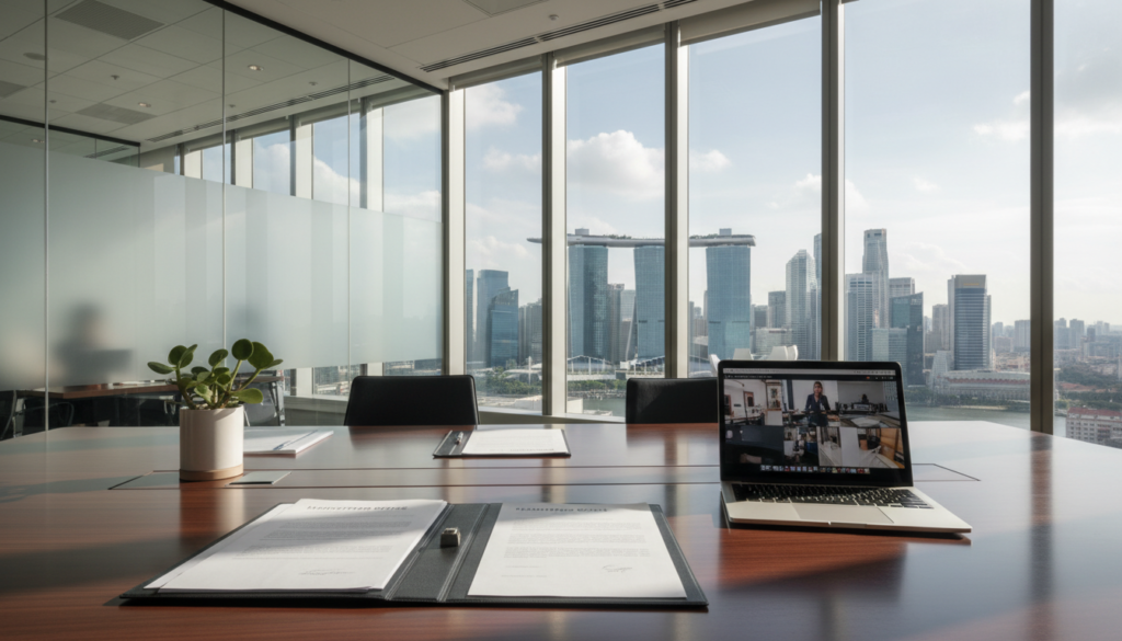 A modern office setting featuring a sleek, minimalist workspace that conveys the concept of a registered business address. In the foreground, a polished desk cluttered with business documents, a laptop, and a small indoor plant for a touch of greenery. The middle ground showcases a large window with a view of the Singapore skyline, allowing natural light to flood the space, creating a warm and inviting atmosphere. The background includes glass partitions that hint at other professional spaces, adding a sense of community. Soft, diffused lighting enhances the clarity and professionalism of the scene. Capture this image from a slightly elevated angle, focusing on the desk and view, to evoke a sense of ambition and professionalism in the virtual office context. A modern office setting featuring a sleek, minimalist workspace that conveys the concept of a registered business address. In the foreground, a polished desk cluttered with business documents, a laptop, and a small indoor plant for a touch of greenery. The middle ground showcases a large window with a view of the Singapore skyline, allowing natural light to flood the space, creating a warm and inviting atmosphere. The background includes glass partitions that hint at other professional spaces, adding a sense of community. Soft, diffused lighting enhances the clarity and professionalism of the scene. Capture this image from a slightly elevated angle, focusing on the desk and view, to evoke a sense of ambition and professionalism in the virtual office context.