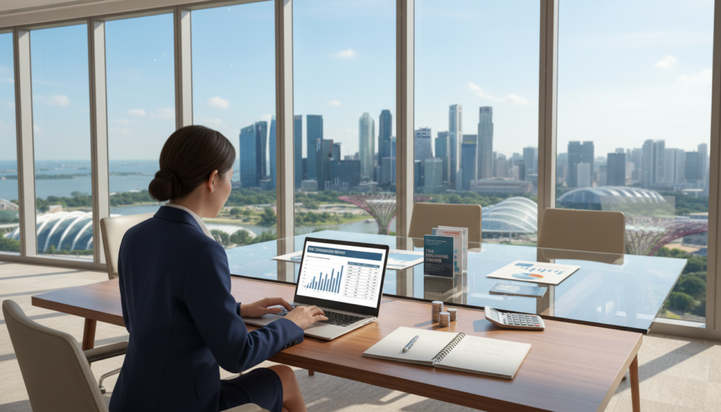 A modern office setting in Singapore highlighting tax consultant services. In the foreground, a professional tax consultant is seated at a sleek wooden desk, dressed in formal business attire, focused on a laptop displaying charts and financial documents. The middle ground features a clear glass table with financial brochures and a calculator, symbolizing the cost of services. In the background, large windows reveals a stunning view of Singapore's skyline, filled with iconic buildings against a bright blue sky. Soft, natural lighting filters through, casting gentle shadows, enhancing a productive and optimistic atmosphere. The overall mood reflects professionalism, trust, and clarity, ideal for illustrating the cost of tax consultant services.