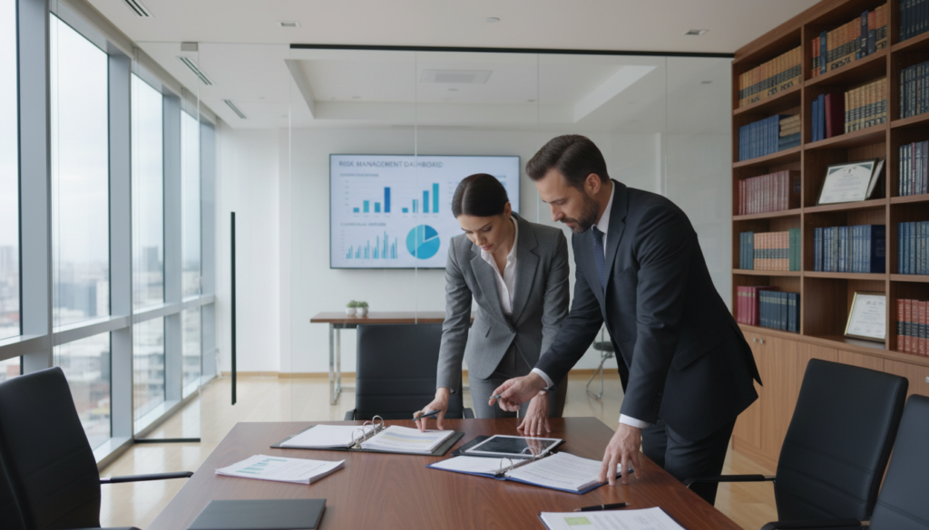 A modern office setting representing regulatory compliance in a professional atmosphere. In the foreground, a diverse group of two business professionals, one male and one female, are engaged in discussion while reviewing compliance documents on a sleek conference table. They are dressed in smart business attire, exuding confidence and focus. In the middle ground, a large digital screen displays graphs and charts indicating risk management and compliance metrics. The background features shelves lined with regulatory books and certificates, creating a scholarly vibe. Soft, natural lighting filters through large windows, casting a warm glow, while a polished wooden floor adds elegance. The overall mood conveys professionalism, responsibility, and the importance of compliance in reducing risk and costs. A modern office setting representing regulatory compliance in a professional atmosphere. In the foreground, a diverse group of two business professionals, one male and one female, are engaged in discussion while reviewing compliance documents on a sleek conference table. They are dressed in smart business attire, exuding confidence and focus. In the middle ground, a large digital screen displays graphs and charts indicating risk management and compliance metrics. The background features shelves lined with regulatory books and certificates, creating a scholarly vibe. Soft, natural lighting filters through large windows, casting a warm glow, while a polished wooden floor adds elegance. The overall mood conveys professionalism, responsibility, and the importance of compliance in reducing risk and costs.