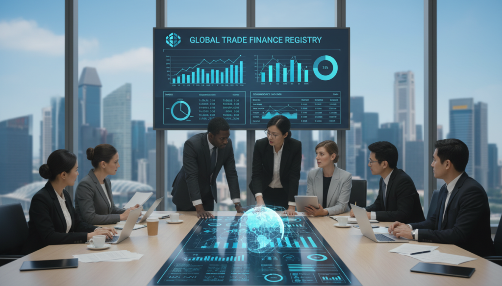 A modern office setting showcases a trade finance registry, focusing on high-tech digital screens displaying financial data, graphs, and charts. In the foreground, a diverse group of professionals in business attire—men and women of varying ethnicities—discuss and analyze the data, emphasizing collaboration and transparency. The middle ground features sleek, contemporary furniture and a large conference table scattered with documents and laptops. The background reveals large windows with a panoramic view of Singapore’s skyline, creating a bright and open atmosphere. Soft, natural lighting illuminates the scene, highlighting the seriousness and professionalism of the environment, while a depth of field effect emphasizes the foreground subjects, conveying a mood of focused collaboration and trust in the trade finance sector.