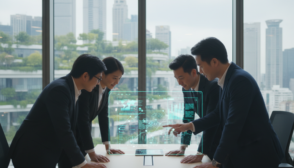 A modern office setting showcasing digital trade finance in action. In the foreground, a diverse group of professionals in business attire engage with a sleek tablet displaying real-time financial data and trade documents, emphasizing connectivity and efficiency. In the middle, a transparent digital screen exhibits flowing graphs and charts, symbolizing reduced paperwork and accelerated turnaround times. The background features a large window overlooking Singapore's skyline with futuristic buildings and greenery, enhancing the atmosphere of innovation and progress. Soft, natural lighting filters through the glass, highlighting the dynamic interaction among the individuals, conveying a sense of collaboration and advancement in trade finance. The overall mood is professional, modern, and inviting.