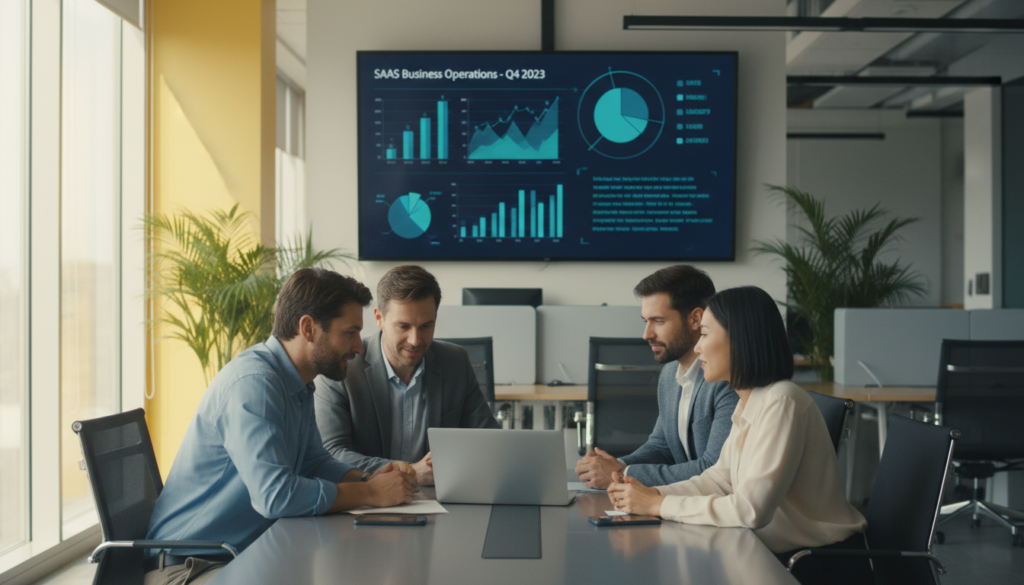 A modern office setting showcasing remote operations services. In the foreground, a diverse group of three professionals, two men and one woman, dressed in smart business attire, are engaged in a video conference on a sleek laptop. The middle ground features a large digital screen displaying graphs and data analytics related to SaaS business operations. Soft, natural lighting filters through large windows, creating a warm and inviting atmosphere. The background is filled with contemporary office furniture and plants, conveying productivity and innovation. The camera angle is slightly angled upward to emphasize the technology and teamwork, with a focus on the expressions of collaboration and focus among the individuals. The overall mood is dynamic, professional, and forward-thinking, encapsulating the essence of remote operations services.
