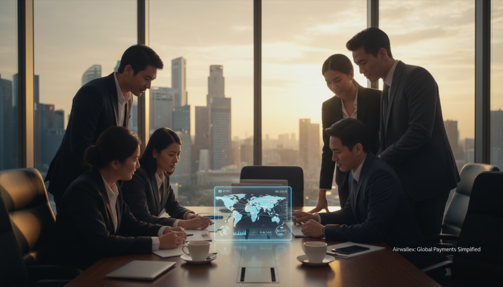 A modern office setting showcasing the efficiency of Airwallex multi-currency payments. In the foreground, a diverse group of professionals in smart business attire are engaged in a discussion around a sleek digital tablet displaying a map with currency icons and transaction flow indicators. The middle ground features an elegant conference table with laptops and coffee cups, symbolizing collaboration and innovation. In the background, a large window reveals a skyline of Singapore, bathed in soft golden light of sunset, creating a warm and inviting atmosphere. Soft shadows enhance the depth, while the overall mood conveys a sense of connectivity and global commerce. The image has a photorealistic quality, focusing on details such as reflections and textures, with a shallow depth of field to draw attention to the subjects and their digital tools.
