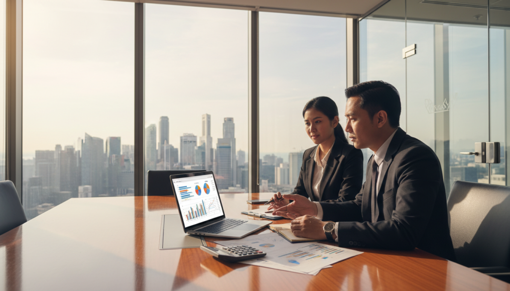 A modern office setting with a large polished wooden table in the foreground, featuring a laptop, financial documents, and a calculator. In the middle ground, two professional individuals of Indonesian descent are engaged in a discussion, dressed in business attire, with one pointing at a laptop screen showing graphs and tax data. The background reveals a panoramic view of Singapore's skyline through large windows, with bright sunlight illuminating the scene. The atmosphere is focused and productive, symbolizing the essence of tax and treaty planning. The overall aesthetics are photorealistic, with soft natural lighting enhancing the professionalism of the environment.