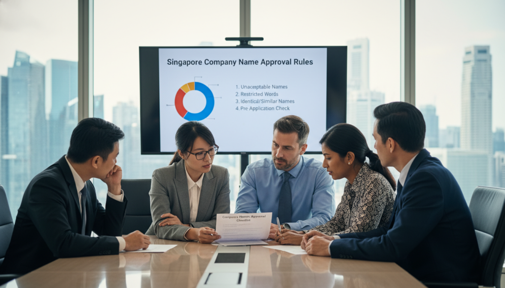 A modern office setting with a polished conference table in the foreground, surrounded by business professionals in professional attire, actively engaged in a meeting. Focus on a diverse group of three individuals: an Asian woman, a Caucasian man, and a South Asian woman, examining a document labeled 'Company Name Approval Checklist.' In the middle, a large screen displays a vibrant presentation on Singapore’s company name approval rules, with a pie chart and bullet points. The background features a cityscape view through large windows, showcasing Singapore's iconic skyline under bright natural lighting. The atmosphere is collaborative and focused, emphasizing the importance of pre-application checks for business success. The image is photorealistic, with a slightly blurred depth of field to enhance the foreground action. A modern office setting with a polished conference table in the foreground, surrounded by business professionals in professional attire, actively engaged in a meeting. Focus on a diverse group of three individuals: an Asian woman, a Caucasian man, and a South Asian woman, examining a document labeled 'Company Name Approval Checklist.' In the middle, a large screen displays a vibrant presentation on Singapore’s company name approval rules, with a pie chart and bullet points. The background features a cityscape view through large windows, showcasing Singapore's iconic skyline under bright natural lighting. The atmosphere is collaborative and focused, emphasizing the importance of pre-application checks for business success. The image is photorealistic, with a slightly blurred depth of field to enhance the foreground action.