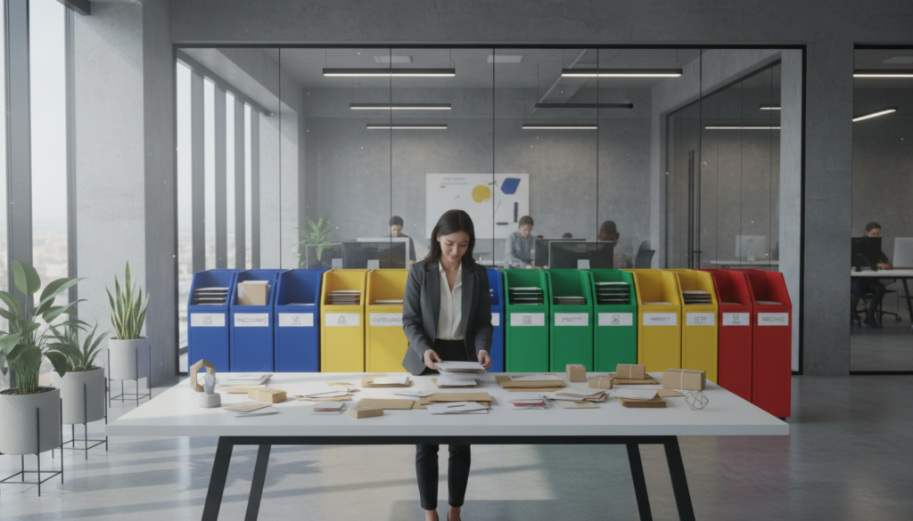 A modern office space dedicated to mail handling, featuring a sleek reception area with a professional-looking receptionist organizing mail and packages. In the foreground, a neatly arranged desk with sorted letters, envelopes, and small parcels, showcasing efficiency. The middle layer includes mail sorting bins in vibrant colors, while a backdrop of glass walls reveals a bustling office environment. Ambient natural light filters in, enhancing the professional atmosphere, creating a sense of organization and productivity. A modern design aesthetic, with minimalist furniture and greenery, complements the vibrant mail handling scene. The mood is industrious and energetic, reflecting the importance of mail services in a virtual office. The receptionist is dressed in business attire, projecting professionalism. A modern office space dedicated to mail handling, featuring a sleek reception area with a professional-looking receptionist organizing mail and packages. In the foreground, a neatly arranged desk with sorted letters, envelopes, and small parcels, showcasing efficiency. The middle layer includes mail sorting bins in vibrant colors, while a backdrop of glass walls reveals a bustling office environment. Ambient natural light filters in, enhancing the professional atmosphere, creating a sense of organization and productivity. A modern design aesthetic, with minimalist furniture and greenery, complements the vibrant mail handling scene. The mood is industrious and energetic, reflecting the importance of mail services in a virtual office. The receptionist is dressed in business attire, projecting professionalism.