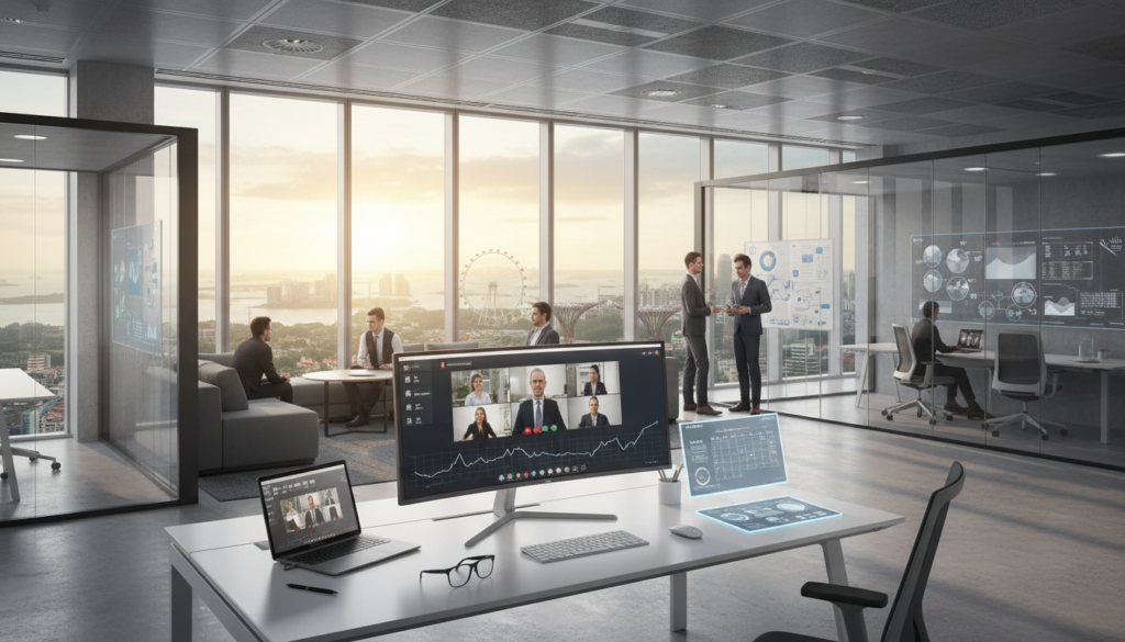 A modern office space in Singapore, showcasing a blend of virtual and physical elements. In the foreground, a sleek desk with a computer, office supplies, and a virtual meeting setup, symbolizing remote work. The middle ground features a spacious open-plan layout with contemporary furnishings, including meeting rooms and collaborative spaces. Large windows provide ample natural light, casting soft shadows across the floor. The background reveals a panoramic view of Singapore’s skyline, subtly reminding viewers of the city’s vibrant business environment. The atmosphere is professional yet inviting, reflecting a cost-effective solution for businesses. The lighting is bright and airy, enhancing the overall modern aesthetic. A modern office space in Singapore, showcasing a blend of virtual and physical elements. In the foreground, a sleek desk with a computer, office supplies, and a virtual meeting setup, symbolizing remote work. The middle ground features a spacious open-plan layout with contemporary furnishings, including meeting rooms and collaborative spaces. Large windows provide ample natural light, casting soft shadows across the floor. The background reveals a panoramic view of Singapore’s skyline, subtly reminding viewers of the city’s vibrant business environment. The atmosphere is professional yet inviting, reflecting a cost-effective solution for businesses. The lighting is bright and airy, enhancing the overall modern aesthetic.