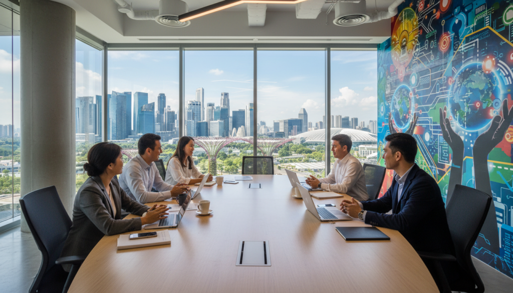 A modern office space in Singapore showcasing a collaborative team environment for a remote operations company. In the foreground, a diverse group of professionals in business attire (mixed genders and ethnicities) engage in a lively discussion around a sleek conference table, with laptops and digital devices open in front of them. The middle layer features large windows with a panoramic view of the iconic Singapore skyline, filled with tall buildings and greenery. The background includes a vibrant mural illustrating technology and connectivity themes. The scene is illuminated by natural light filtering through the glass, creating a bright and inviting atmosphere. Capture this image with a wide-angle lens to emphasize the dynamic work environment and sense of collaboration. A modern office space in Singapore showcasing a collaborative team environment for a remote operations company. In the foreground, a diverse group of professionals in business attire (mixed genders and ethnicities) engage in a lively discussion around a sleek conference table, with laptops and digital devices open in front of them. The middle layer features large windows with a panoramic view of the iconic Singapore skyline, filled with tall buildings and greenery. The background includes a vibrant mural illustrating technology and connectivity themes. The scene is illuminated by natural light filtering through the glass, creating a bright and inviting atmosphere. Capture this image with a wide-angle lens to emphasize the dynamic work environment and sense of collaboration.