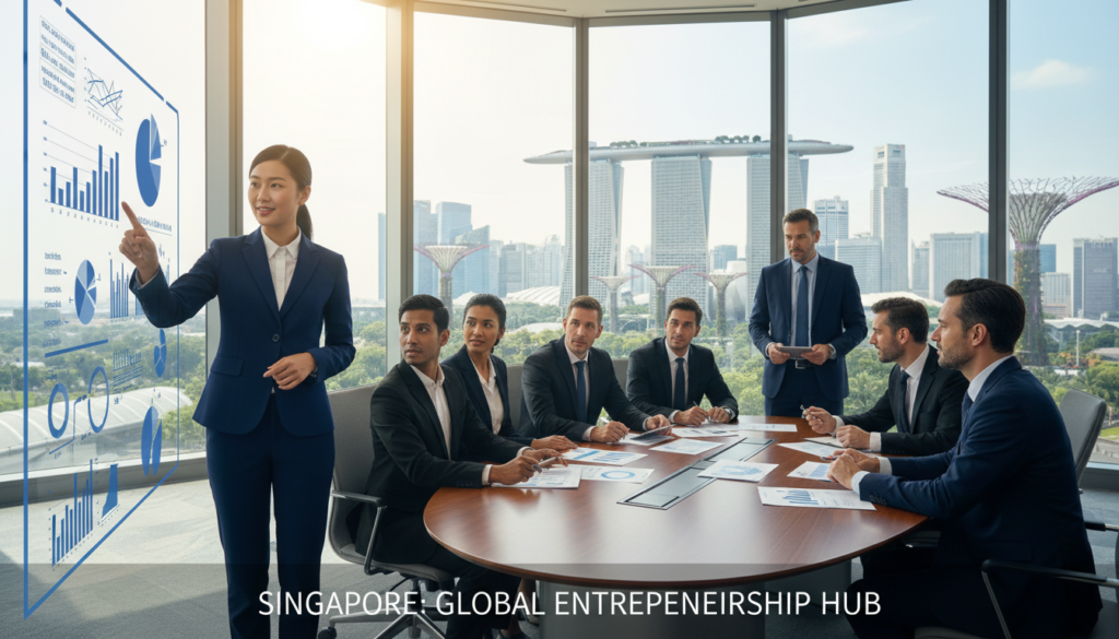 A modern office space in Singapore, showcasing a diverse group of professionals in business attire engaged in a productive meeting. In the foreground, a confident Asian woman gestures while presenting data on a sleek digital screen. The middle ground features a multi-ethnic team around a polished conference table, analyzing graphs and discussing strategies, embodying collaboration and innovation. In the background, large windows reveal the iconic Singapore skyline with its futuristic architecture under a bright sun, symbolizing growth and opportunity. Soft, natural lighting enhances the professional atmosphere, captured with a wide-angle lens to convey an inviting, dynamic setting, emphasizing Singapore as a strategic base for global entrepreneurs. A modern office space in Singapore, showcasing a diverse group of professionals in business attire engaged in a productive meeting. In the foreground, a confident Asian woman gestures while presenting data on a sleek digital screen. The middle ground features a multi-ethnic team around a polished conference table, analyzing graphs and discussing strategies, embodying collaboration and innovation. In the background, large windows reveal the iconic Singapore skyline with its futuristic architecture under a bright sun, symbolizing growth and opportunity. Soft, natural lighting enhances the professional atmosphere, captured with a wide-angle lens to convey an inviting, dynamic setting, emphasizing Singapore as a strategic base for global entrepreneurs.