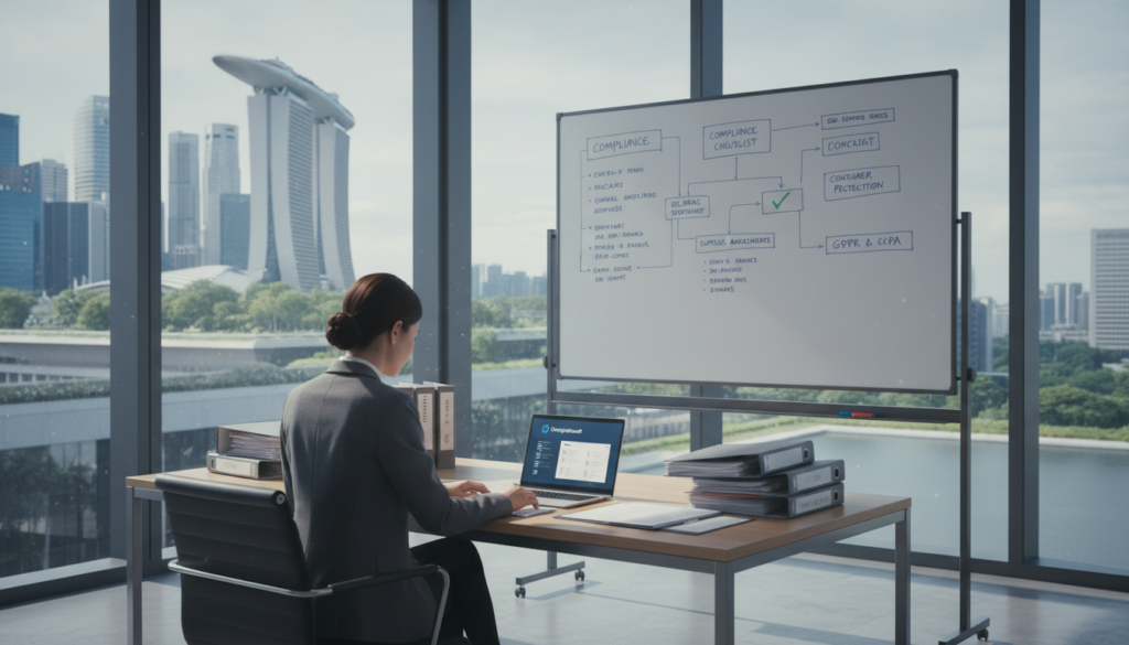 A modern office space representing compliance in a dropshipping business setting. In the foreground, a focused businesswoman in professional attire, reviewing paperwork and compliance documents on a sleek desk with a laptop open, surrounded by organized files. In the middle ground, a large whiteboard with diagrams illustrating compliance regulations and checklists. The background features a window showcasing the Singapore skyline, with lush greenery outside adding a touch of serenity. Soft, natural lighting streams through the window, casting gentle shadows that enhance the scene’s professional atmosphere. The overall mood is one of diligence and order, highlighting the importance of legalities in a remote business structure. Photorealistic detail captures the essence of modern entrepreneurship. A modern office space representing compliance in a dropshipping business setting. In the foreground, a focused businesswoman in professional attire, reviewing paperwork and compliance documents on a sleek desk with a laptop open, surrounded by organized files. In the middle ground, a large whiteboard with diagrams illustrating compliance regulations and checklists. The background features a window showcasing the Singapore skyline, with lush greenery outside adding a touch of serenity. Soft, natural lighting streams through the window, casting gentle shadows that enhance the scene’s professional atmosphere. The overall mood is one of diligence and order, highlighting the importance of legalities in a remote business structure. Photorealistic detail captures the essence of modern entrepreneurship.