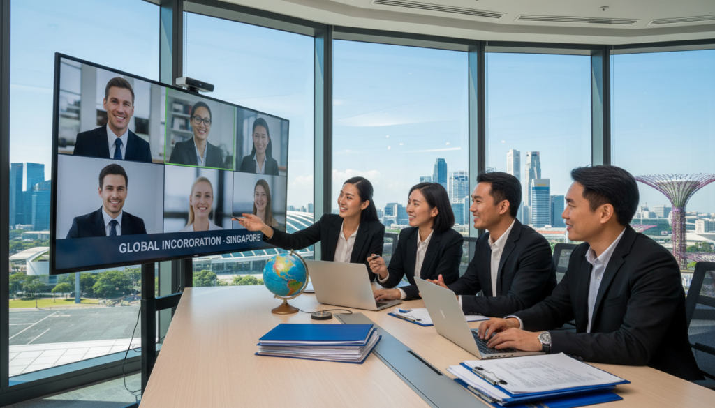 A modern office space with a sleek, contemporary design, showcasing a diverse group of four professionals engaged in a video conference on a large screen in the foreground. The team, composed of two men and two women dressed in professional business attire, exudes collaboration and focus. The background features cityscape windows, illustrating the vibrant Singapore skyline. Soft, natural lighting filters through the glass, creating a warm and welcoming atmosphere. On the desk are laptops, legal documents, and a globe, symbolizing international incorporation processes. The camera angle captures the dynamics of the meeting, emphasizing innovation and teamwork. The scene reflects a professional yet approachable mood, ideal for conveying the essence of remote incorporation in Singapore for foreign founders. A modern office space with a sleek, contemporary design, showcasing a diverse group of four professionals engaged in a video conference on a large screen in the foreground. The team, composed of two men and two women dressed in professional business attire, exudes collaboration and focus. The background features cityscape windows, illustrating the vibrant Singapore skyline. Soft, natural lighting filters through the glass, creating a warm and welcoming atmosphere. On the desk are laptops, legal documents, and a globe, symbolizing international incorporation processes. The camera angle captures the dynamics of the meeting, emphasizing innovation and teamwork. The scene reflects a professional yet approachable mood, ideal for conveying the essence of remote incorporation in Singapore for foreign founders.