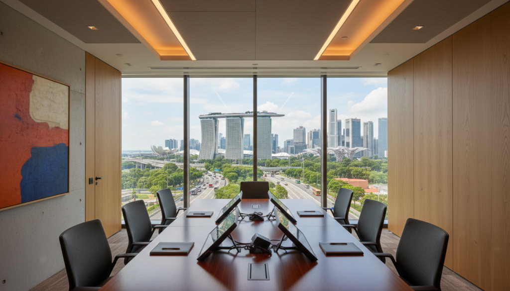 A modern, photorealistic depiction of a stylish meeting room in a contemporary office building, designed for client-facing appointments. In the foreground, a polished conference table with sleek chairs is arranged neatly, adorned with a few digital devices for presentations. In the middle ground, large windows allow natural light to flood the room, showing a view of Singapore's city skyline, with iconic buildings visible. The background should feature a modern building facade and tree-lined streets that suggest easy transport access. The atmosphere is professional and inviting, with a warm color palette and high ceilings, encouraging collaboration and productivity. The scene is devoid of any people, emphasizing the polished environment tailored for successful meetings. A modern, photorealistic depiction of a stylish meeting room in a contemporary office building, designed for client-facing appointments. In the foreground, a polished conference table with sleek chairs is arranged neatly, adorned with a few digital devices for presentations. In the middle ground, large windows allow natural light to flood the room, showing a view of Singapore's city skyline, with iconic buildings visible. The background should feature a modern building facade and tree-lined streets that suggest easy transport access. The atmosphere is professional and inviting, with a warm color palette and high ceilings, encouraging collaboration and productivity. The scene is devoid of any people, emphasizing the polished environment tailored for successful meetings.