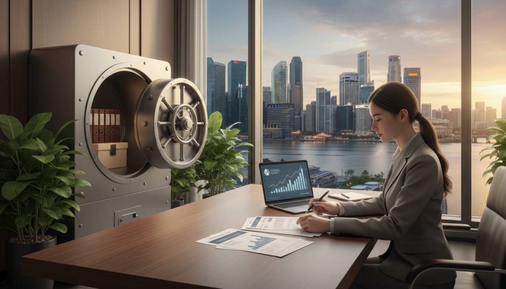 A modern, photorealistic depiction of an escrow account scenario in a sleek Singaporean business environment. In the foreground, a professional businesswoman in a smart business suit is reviewing documents at a sturdy wooden desk, which has financial files, a laptop, and a digital tablet displaying graphs. The middle ground shows a secure vault slightly ajar, hinting at stored assets, combined with vibrant green plants that symbolize growth. In the background, a panoramic view of Singapore's skyline glistens under soft evening light, with reflections from nearby water enhancing the atmosphere of security and professionalism. The scene is illuminated by warm, natural lighting, creating a feeling of trust and stability. A modern, photorealistic depiction of an escrow account scenario in a sleek Singaporean business environment. In the foreground, a professional businesswoman in a smart business suit is reviewing documents at a sturdy wooden desk, which has financial files, a laptop, and a digital tablet displaying graphs. The middle ground shows a secure vault slightly ajar, hinting at stored assets, combined with vibrant green plants that symbolize growth. In the background, a panoramic view of Singapore's skyline glistens under soft evening light, with reflections from nearby water enhancing the atmosphere of security and professionalism. The scene is illuminated by warm, natural lighting, creating a feeling of trust and stability.