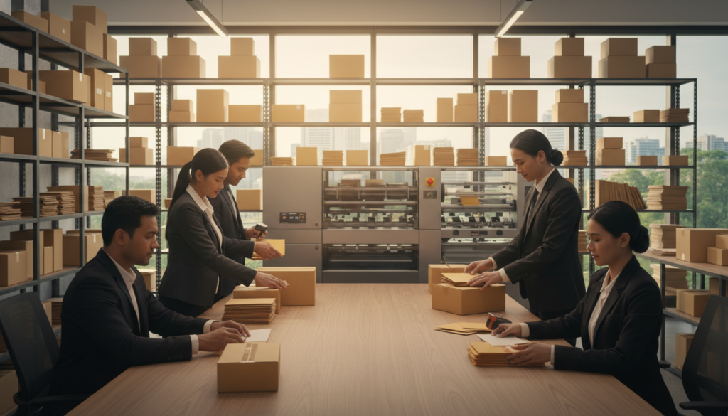 A modern, photorealistic office environment focused on mail handling services. In the foreground, a diverse group of professionals dressed in smart business attire is sorting through packages and letters on a large wooden table. In the middle ground, a sleek mail sorting machine operates efficiently, with letters being sorted by size and type. The background features shelves filled with neatly organized boxes and envelopes, alongside an office window showing the Singapore cityscape bathed in natural daylight. Soft, warm lighting creates an inviting atmosphere, enhancing the sense of professionalism and efficiency in this virtual office setting. The composition should convey a busy yet organized workflow, emphasizing the importance of reliable mail handling services. A modern, photorealistic office environment focused on mail handling services. In the foreground, a diverse group of professionals dressed in smart business attire is sorting through packages and letters on a large wooden table. In the middle ground, a sleek mail sorting machine operates efficiently, with letters being sorted by size and type. The background features shelves filled with neatly organized boxes and envelopes, alongside an office window showing the Singapore cityscape bathed in natural daylight. Soft, warm lighting creates an inviting atmosphere, enhancing the sense of professionalism and efficiency in this virtual office setting. The composition should convey a busy yet organized workflow, emphasizing the importance of reliable mail handling services.
