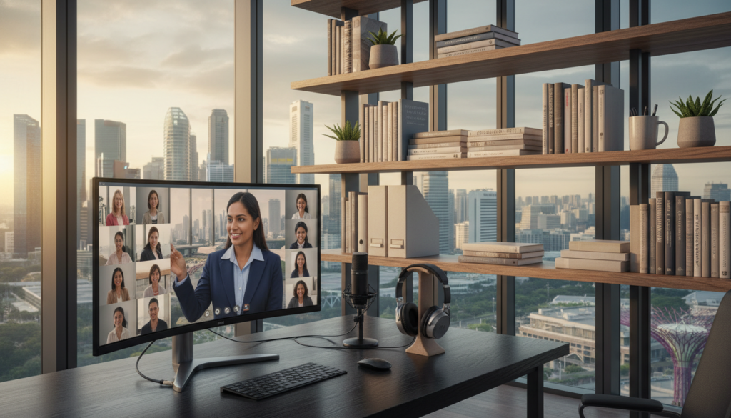 A modern, photorealistic virtual office setting, showcasing a sleek workspace. In the foreground, a stylish desk with a computer, virtual meeting setup with headphones and a microphone. The middle ground features shelves with books, potted plants, and various office supplies to create a welcoming atmosphere. In the background, large windows allow natural light to flood the space, revealing a stunning cityscape of Singapore. The lighting is warm and inviting, creating a professional yet comfortable mood. A businessperson in smart casual attire is seen engaging in a video call, emphasizing the virtual aspect of office services. The angle captures the depth of the room, highlighting both the technology and the inviting design of a virtual office space. A modern, photorealistic virtual office setting, showcasing a sleek workspace. In the foreground, a stylish desk with a computer, virtual meeting setup with headphones and a microphone. The middle ground features shelves with books, potted plants, and various office supplies to create a welcoming atmosphere. In the background, large windows allow natural light to flood the space, revealing a stunning cityscape of Singapore. The lighting is warm and inviting, creating a professional yet comfortable mood. A businessperson in smart casual attire is seen engaging in a video call, emphasizing the virtual aspect of office services. The angle captures the depth of the room, highlighting both the technology and the inviting design of a virtual office space.