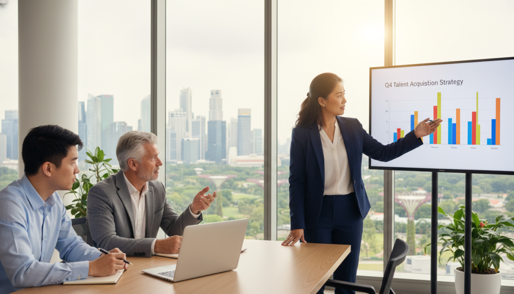 A modern, professional office setting in Singapore, featuring a diverse group of business people engaged in a collaborative meeting. In the foreground, a middle-aged woman in smart business attire, reviewing a hiring plan on her laptop while gesturing towards a presentation on a large screen. In the middle, a young man is taking notes, and an older man offers insights, all appearing focused and engaged. The background contains bright, large windows showcasing the skyline of Singapore, filled with greenery and sunlight streaming in, creating an inspiring atmosphere. Soft, natural lighting enhances the sense of professionalism and energy in the room. The image should have a photorealistic quality, capturing the essence of a dynamic consulting business environment.