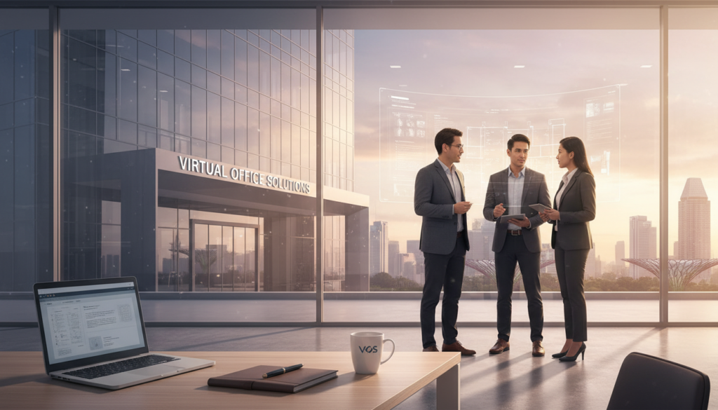 A modern, professional office setting in Singapore, featuring a sleek glass building with a welcoming entrance. In the foreground, a neatly arranged desk displays essential office tools like a laptop, notepad, and a coffee cup, conveying professionalism and transparency. The middle ground showcases a diverse group of three business professionals in smart attire, engaged in discussion, symbolizing collaboration and effective communication in a virtual office. The background features warm ambient lighting streaming through large windows, highlighting the cityscape of Singapore with its iconic skyline. The atmosphere is bright and optimistic, reflecting a blend of innovation and approachability in a virtual office space, suitable for holding structure solutions. Photorealistic quality with a focus on details and textures. A modern, professional office setting in Singapore, featuring a sleek glass building with a welcoming entrance. In the foreground, a neatly arranged desk displays essential office tools like a laptop, notepad, and a coffee cup, conveying professionalism and transparency. The middle ground showcases a diverse group of three business professionals in smart attire, engaged in discussion, symbolizing collaboration and effective communication in a virtual office. The background features warm ambient lighting streaming through large windows, highlighting the cityscape of Singapore with its iconic skyline. The atmosphere is bright and optimistic, reflecting a blend of innovation and approachability in a virtual office space, suitable for holding structure solutions. Photorealistic quality with a focus on details and textures.