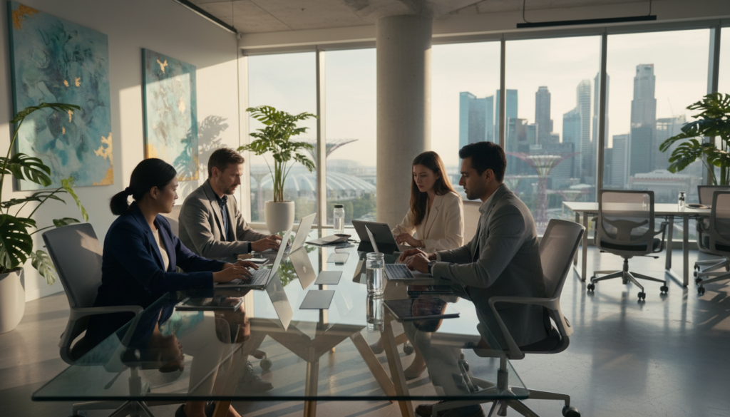 A modern, professional virtual office setting in Singapore. In the foreground, a diverse group of three business professionals of varying ethnicities, dressed in smart business attire, engaged in a video conference at a sleek glass conference table with laptops and digital devices. In the middle, an elegant, well-lit office space with potted plants and contemporary artwork, showcasing a vibrant yet calm atmosphere. Natural sunlight streams through large windows, casting soft shadows and highlighting the city skyline beyond. The background features iconic Singapore architecture, blending with the office interior. The overall mood is focused, collaborative, and innovative, emphasizing the benefits of a virtual office environment for businesses. Photorealistic style with sharp details and a depth of field effect to enhance focus on the professionals' activities. A modern, professional virtual office setting in Singapore. In the foreground, a diverse group of three business professionals of varying ethnicities, dressed in smart business attire, engaged in a video conference at a sleek glass conference table with laptops and digital devices. In the middle, an elegant, well-lit office space with potted plants and contemporary artwork, showcasing a vibrant yet calm atmosphere. Natural sunlight streams through large windows, casting soft shadows and highlighting the city skyline beyond. The background features iconic Singapore architecture, blending with the office interior. The overall mood is focused, collaborative, and innovative, emphasizing the benefits of a virtual office environment for businesses. Photorealistic style with sharp details and a depth of field effect to enhance focus on the professionals' activities.
