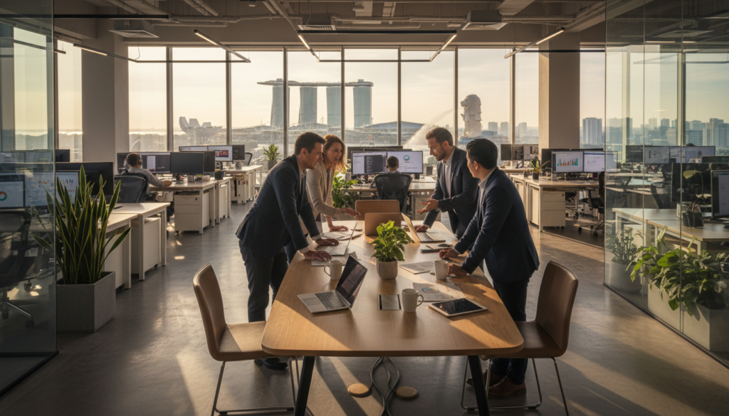 A modern, stylish Singapore office setting showcasing a collaborative workspace. In the foreground, a sleek meeting table with laptops, documents, and coffee mugs, surrounded by diverse professionals dressed in business attire, engaged in discussion. The middle section reveals an open workspace filled with ergonomic desks, high-tech monitors, and greenery, promoting a vibrant remote work atmosphere. The background features large windows with a view of the Singapore skyline, incorporating iconic landmarks like Marina Bay Sands and the Merlion, bathed in warm, natural light. The scene captures an innovative, inviting mood, emphasizing modernity and teamwork in a remote consulting environment. Photorealistic details include realistic shadows and reflections, with a wide-angle lens effect to enhance depth.