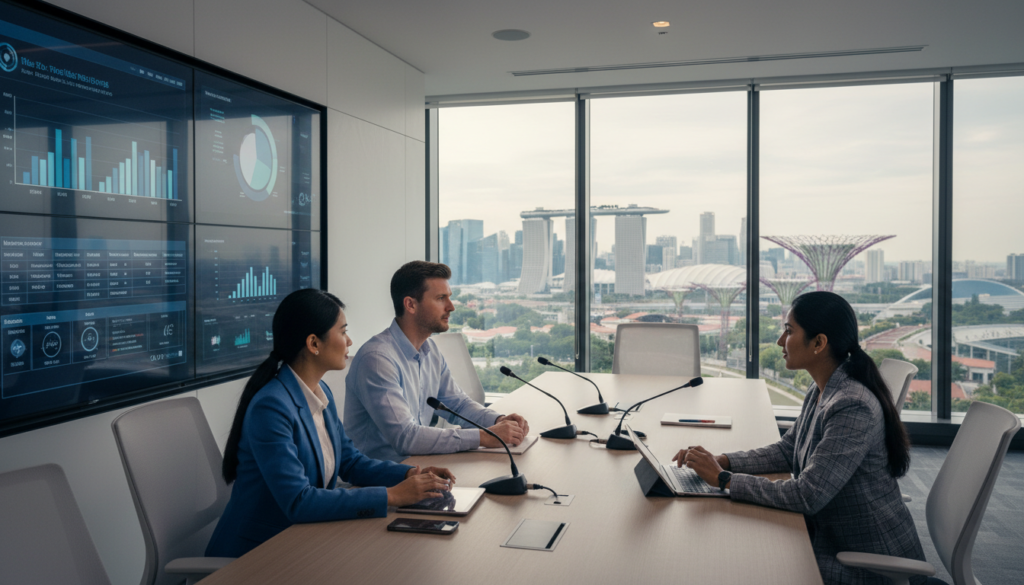 A modern virtual office environment in Singapore, featuring a sleek, minimalist workspace with high-tech gadgets. In the foreground, a diverse group of three professionals, a Southeast Asian woman in formal attire, a Caucasian man in a smart casual shirt, and a South Asian woman in business attire, are engaged in a video conference, their expressions focused and collaborative. The middle ground showcases a stylish conference table, surrounded by ergonomic chairs, with a large digital screen displaying graphs and data. In the background, large windows reveal a panoramic view of Singapore’s skyline, bathed in soft natural light, enhancing the productive atmosphere. The overall mood is vibrant and innovative, emphasizing technology-driven virtual office services that facilitate efficient holding-company operations. Photorealistic quality with rich colors and detailed textures. A modern virtual office environment in Singapore, featuring a sleek, minimalist workspace with high-tech gadgets. In the foreground, a diverse group of three professionals, a Southeast Asian woman in formal attire, a Caucasian man in a smart casual shirt, and a South Asian woman in business attire, are engaged in a video conference, their expressions focused and collaborative. The middle ground showcases a stylish conference table, surrounded by ergonomic chairs, with a large digital screen displaying graphs and data. In the background, large windows reveal a panoramic view of Singapore’s skyline, bathed in soft natural light, enhancing the productive atmosphere. The overall mood is vibrant and innovative, emphasizing technology-driven virtual office services that facilitate efficient holding-company operations. Photorealistic quality with rich colors and detailed textures.